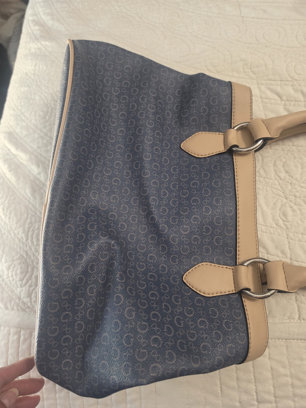GUESS Blue Logo Tote with Beige Trim - Picture 4 of 9